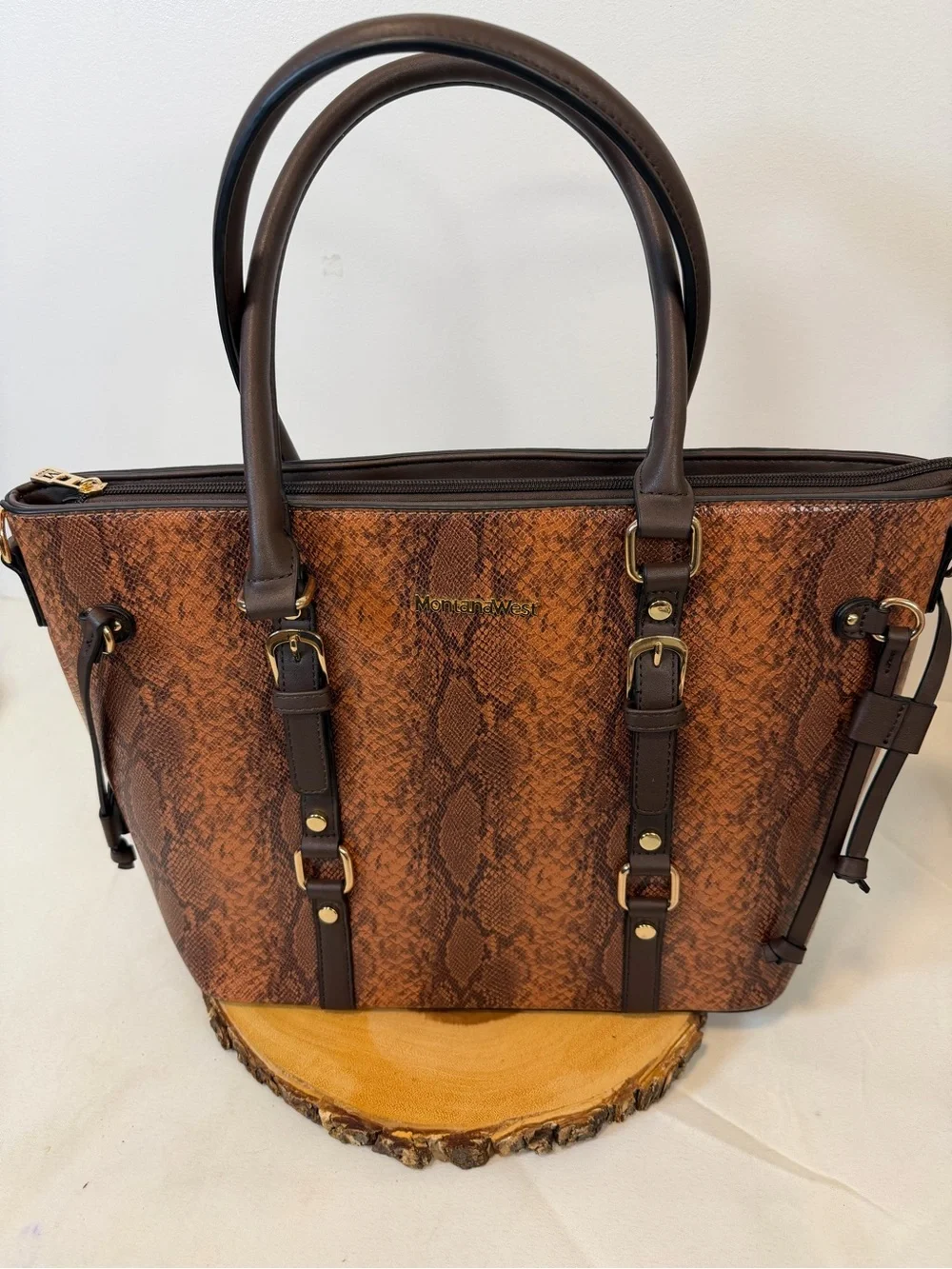 Montana West handbag tote‎ brown snakeskin embossed print vegan leather large